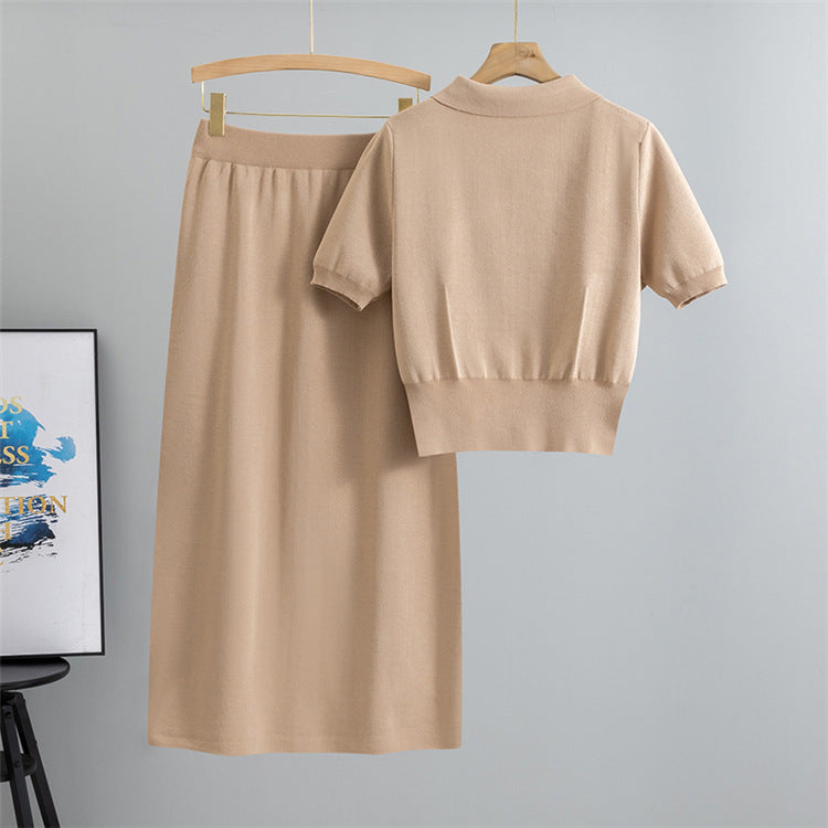 Khaki - Short-sleeve Knitted Cardigan Two Piece Set