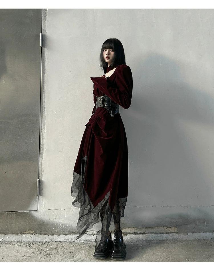 Ladyghost Gothic Victorian Maxi Dress - Burgundy Velvet and Black Mesh Layered Gown With Corset Belt