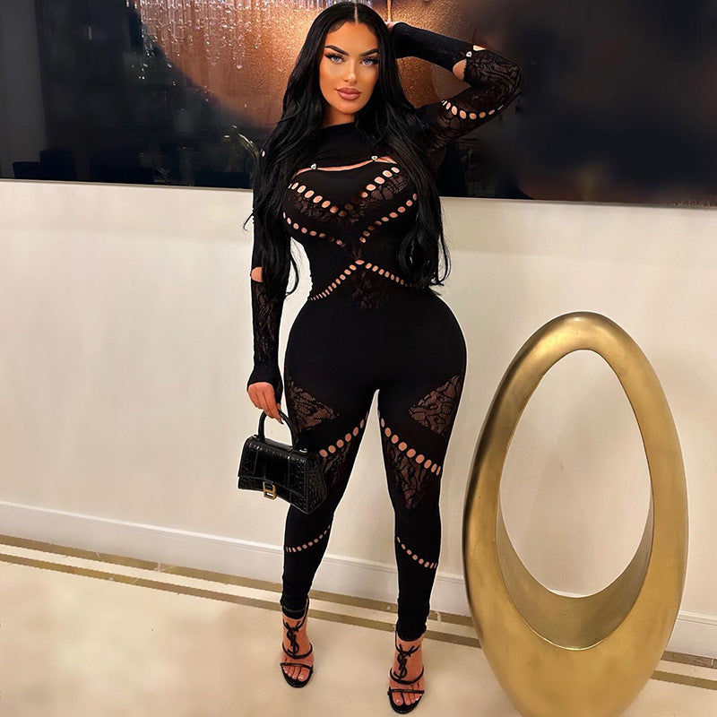 Autumn Color Round Neck Long Sleeve Hollow Out Cutout Jeweled Slim Fit Patchwork High Waist Jumpsuit