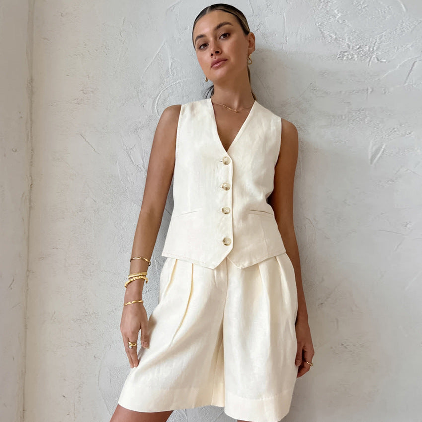 Beige Cotton Linen Sleeveless Vest Waistcoat Suit Summer Loose Breathable Clothing Two Piece Suit