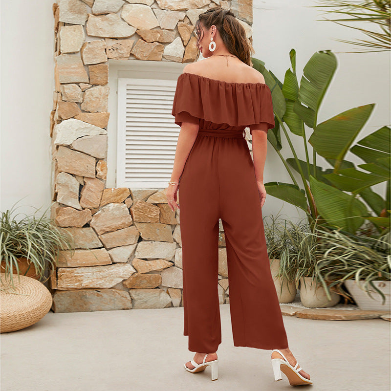 Clothing Summer Off Shoulder Ruffle Sleeve Lace Up Cropped Wide Leg Pants