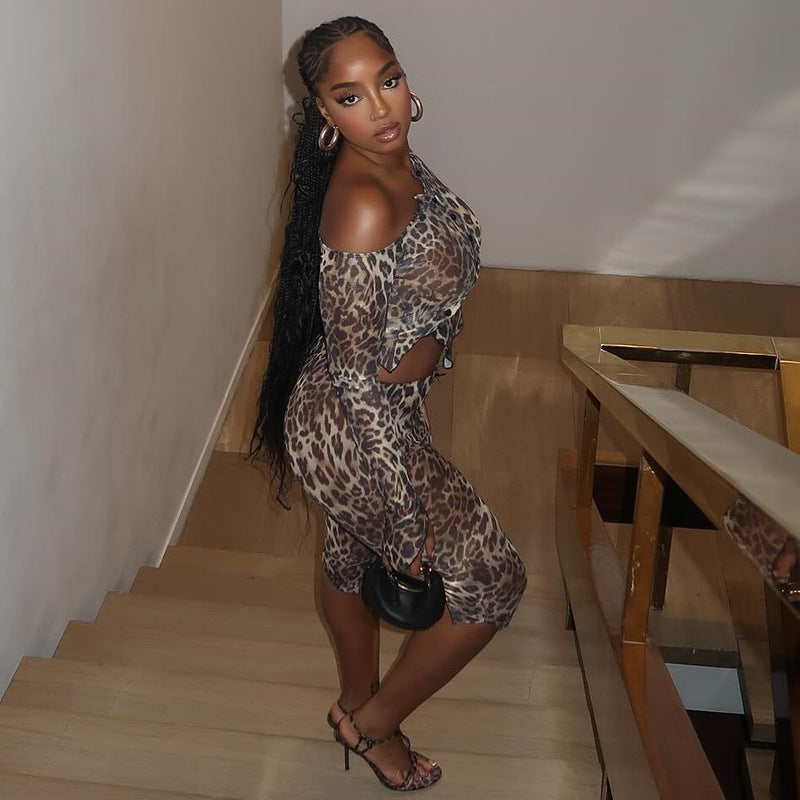’s Wear Leopard Print Micro Transparent Blouse Pants Asymmetric Off Shoulder Long Sleeve Top Short Pants Two Pieces