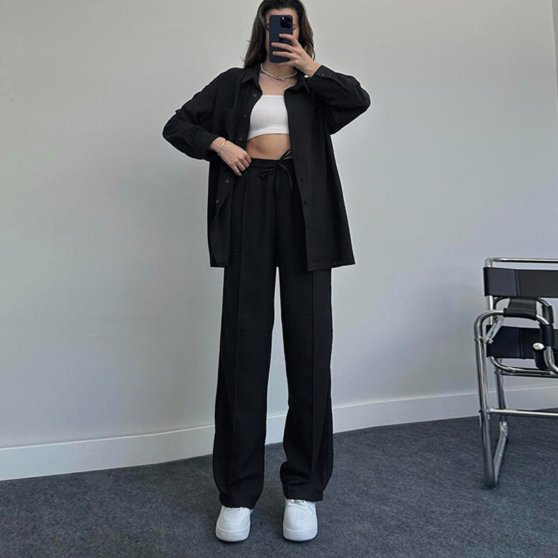 Suit Autumn Winter Long Sleeved Shirt Pleated Elastic Waist Pants Two Piece Set