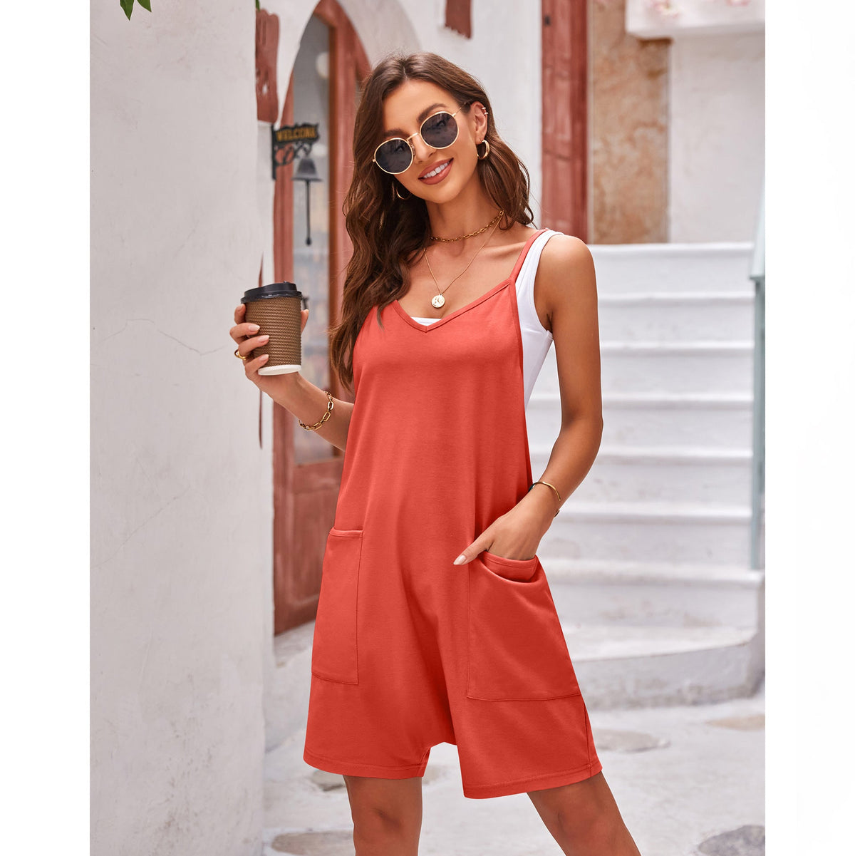 Clothing Summer Pocket Spaghetti Straps Knitted Shorts Jumpsuit Suspender Pants