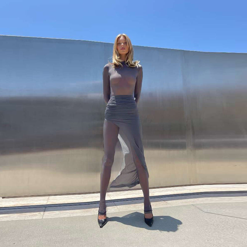 Fall Clothing Personality Round Neck Long Sleeve Slim Fit Slimming Jumpsuit Pleated Mid Length Skirt Set