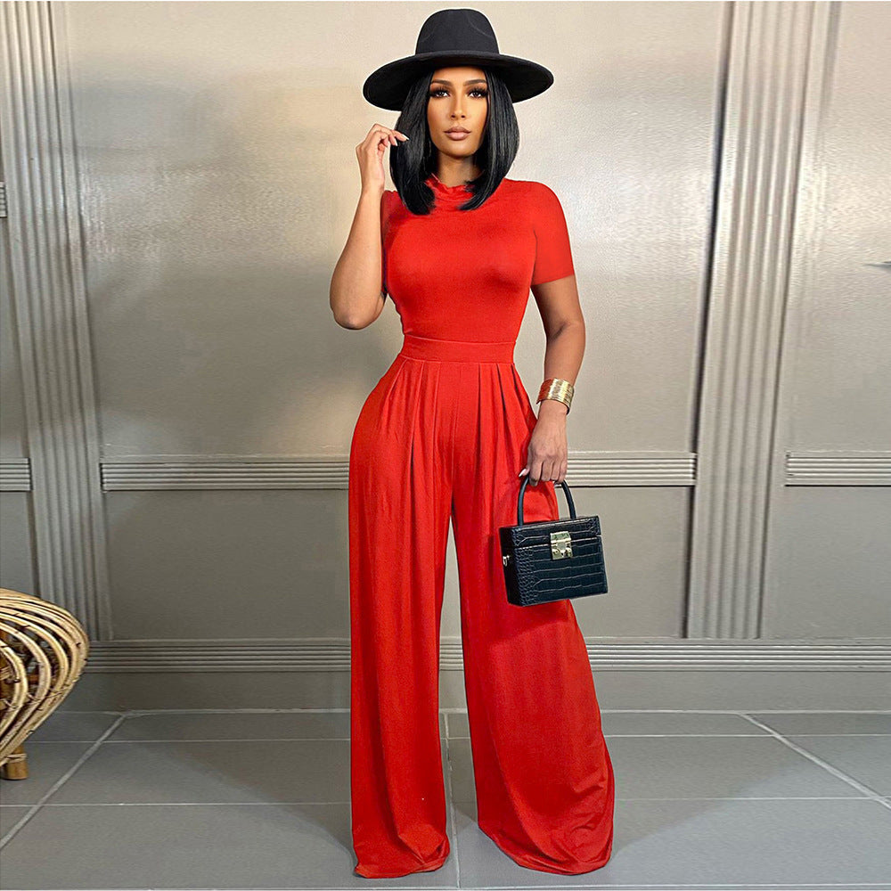 Clothing Color Short Sleeve Rompers Wide Leg Pants Two Piece Set