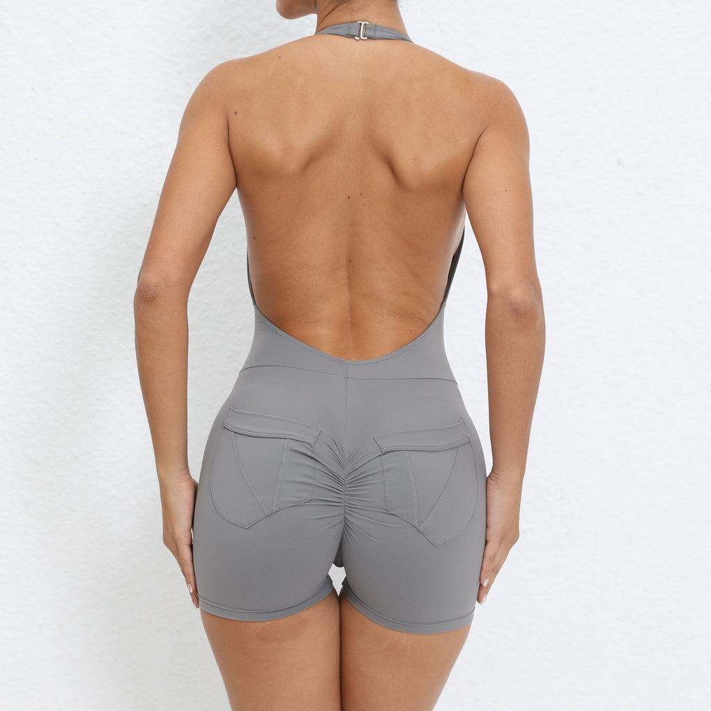 Halter Pocket Nude Feel Hip Lifting Beauty Back Yoga Jumpsuit Backless Fitness Sports Tight Jumpsuit