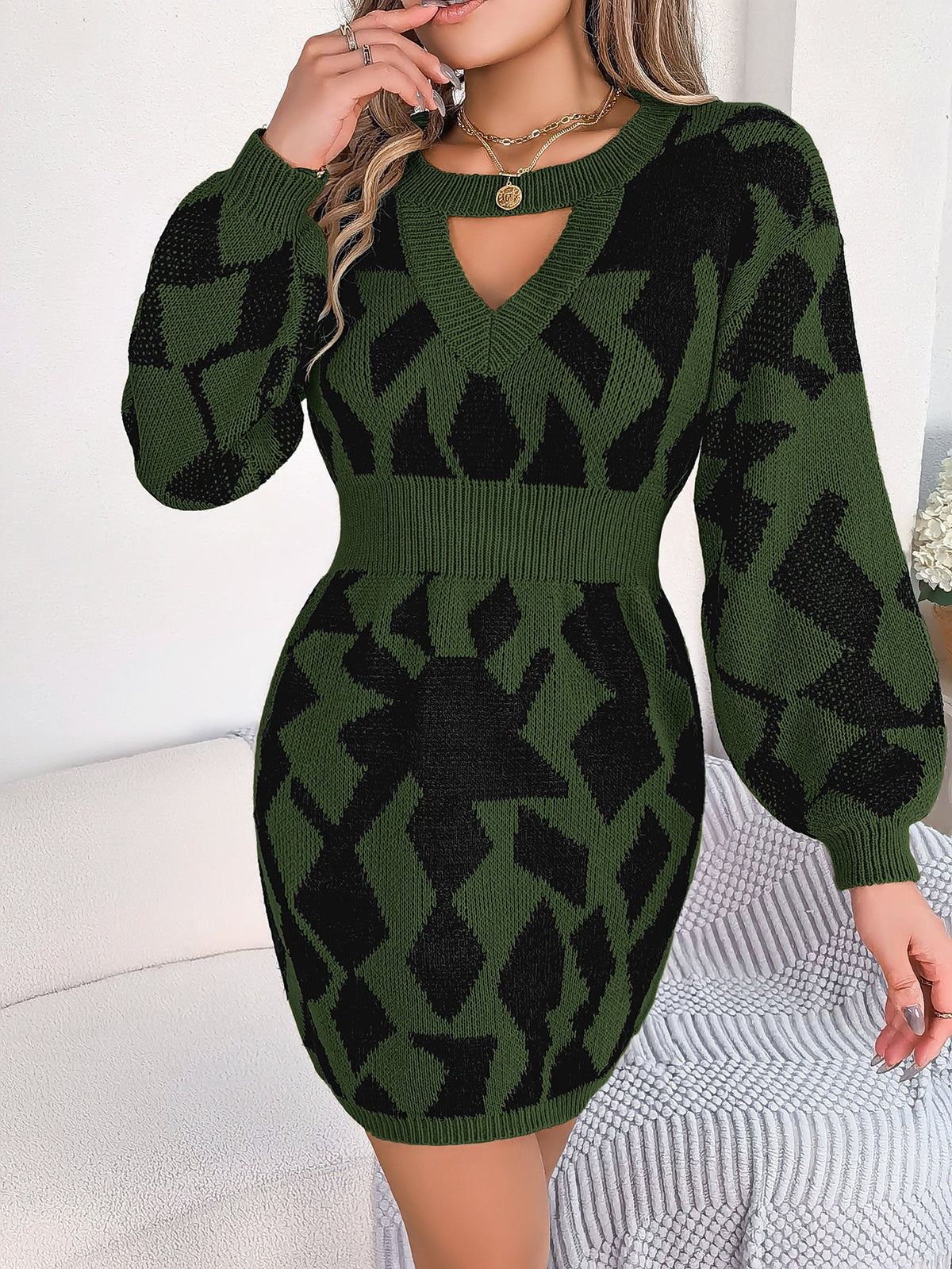 Autumn Winter Color Matching Hollow Out Cutout Out Lantern Sleeve Fitted Waist Sweater Dress Clothing