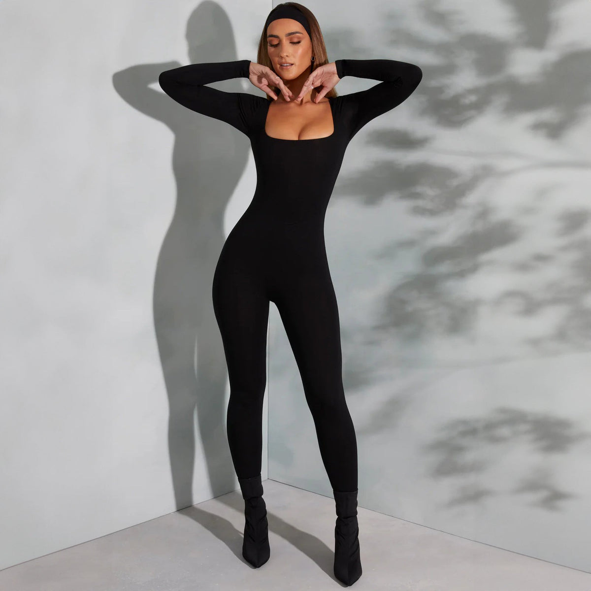 ’s Clothing Summer Color Long Sleeve Belly Waist Shaping Hip Lift Square Collar Jumpsuit