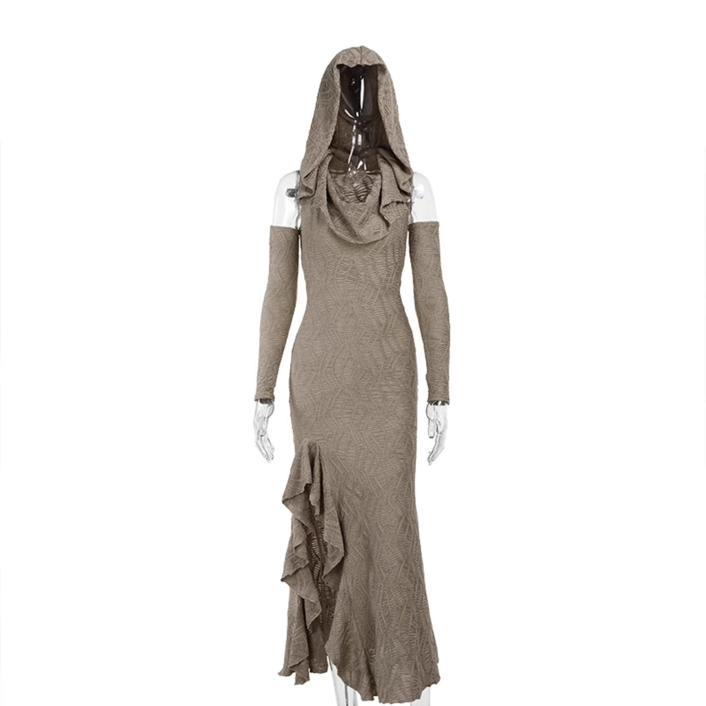 Wannathis Avant-garde Hooded Maxi Dress - Taupe Cold Shoulder Gown With Ruffle Detail