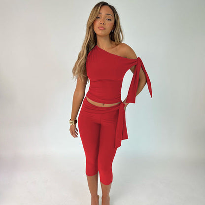 Clothing Summer Street Shooting Diagonal Collar Sleeveless Top Slim Fit Tied Shorts Suit