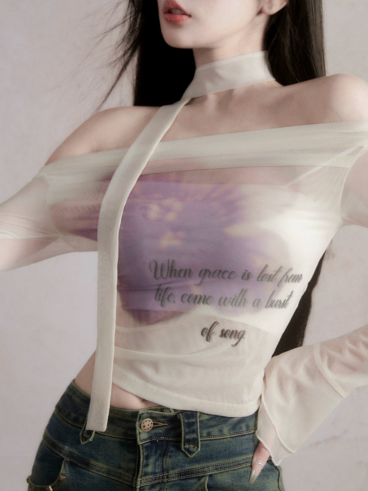 Ethereal Off-shoulder Crop Top - Sheer Long Bell Sleeve Blouse With Ribbon Tie and Watercolor Print