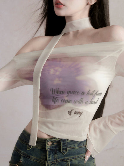 Ethereal Off-shoulder Crop Top - Sheer Long Bell Sleeve Blouse With Ribbon Tie and Watercolor Print