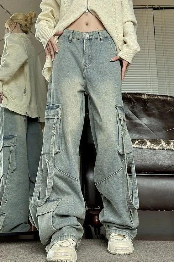 Retro Washed Overalls Wide Cargo Jeans