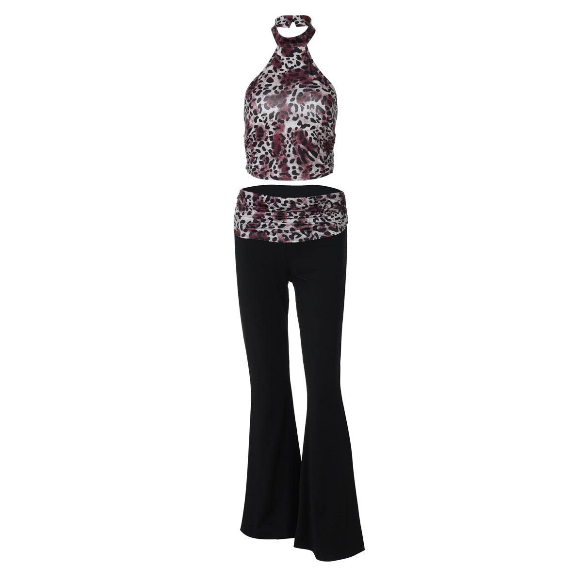 Clothing Summer Leopard Print Sleeveless Halter Vest Stitching Flared Pants Two Piece Set