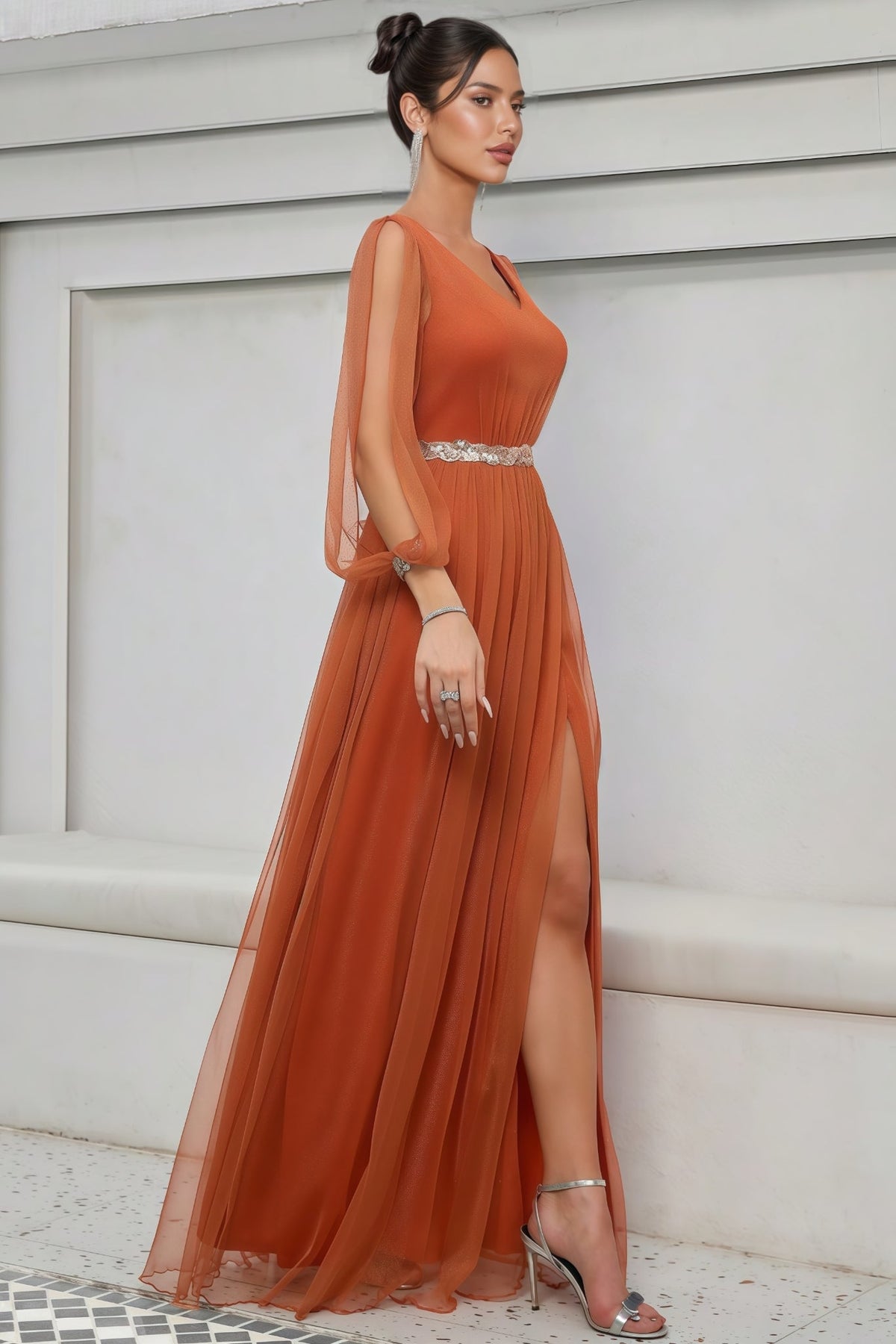 Kole Orange V-neck Mesh Slit Maxi Dress