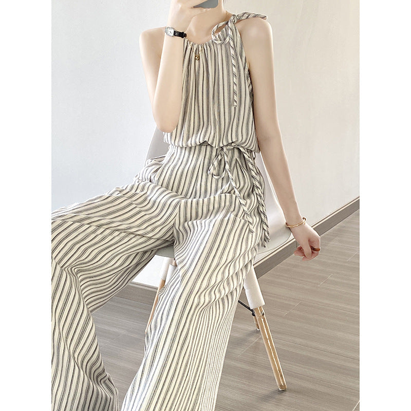 Retro Striped Suit Summer Suspender Top Wide Leg Pants Two Piece Set