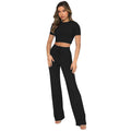 Set Color High-elastic Body Shaping Short Sleeve Sunken Stripe Wide Leg Pants Two-piece Set