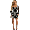 Nightclub Rhinestone Mesh See Through Wrapped Chest Long Sleeve Midi Dress