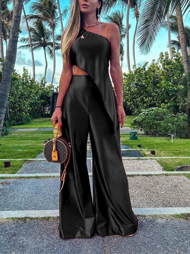 Strapless Asymmetric Drape Wide-leg Prom Jumpsuit