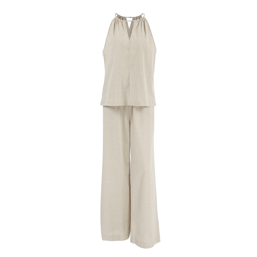 Khaki Cotton Linen Hollow Out Cutout Out Tied Sleeveless Halter Vest Wide Leg Pants Set Spring Summer