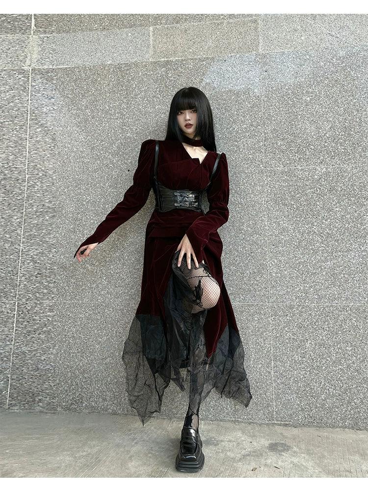 Ladyghost Gothic Victorian Maxi Dress - Burgundy Velvet and Black Mesh Layered Gown With Corset Belt
