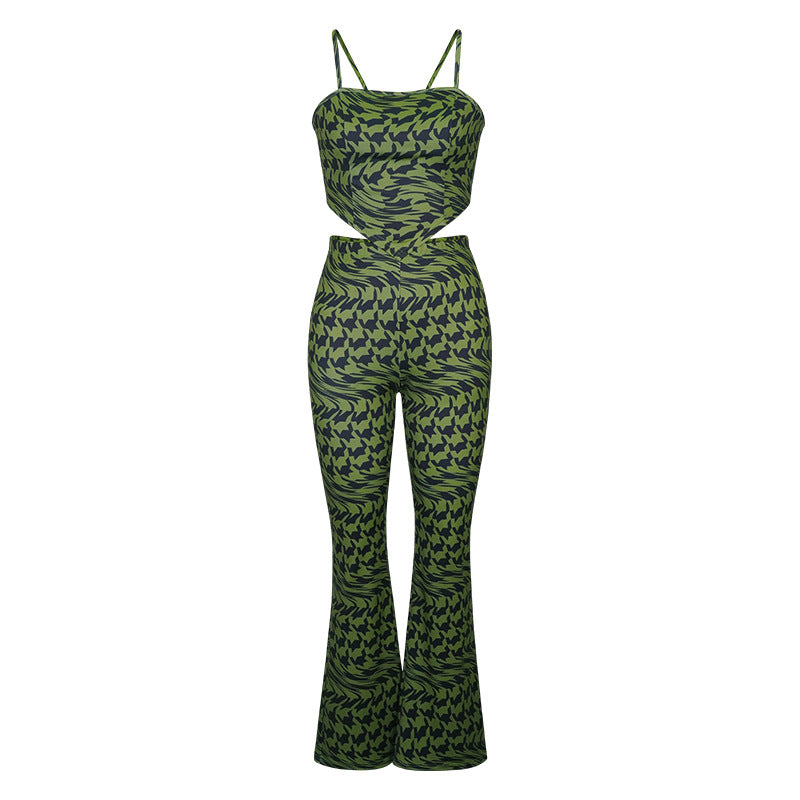 Suit Green Printing Vest Wide Leg Pants Two Piece Suit