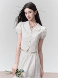Ethereal Elegance Two-piece Set: Puff Sleeve Crop Blouse & Tiered Lace Midi Skirt - Pure White