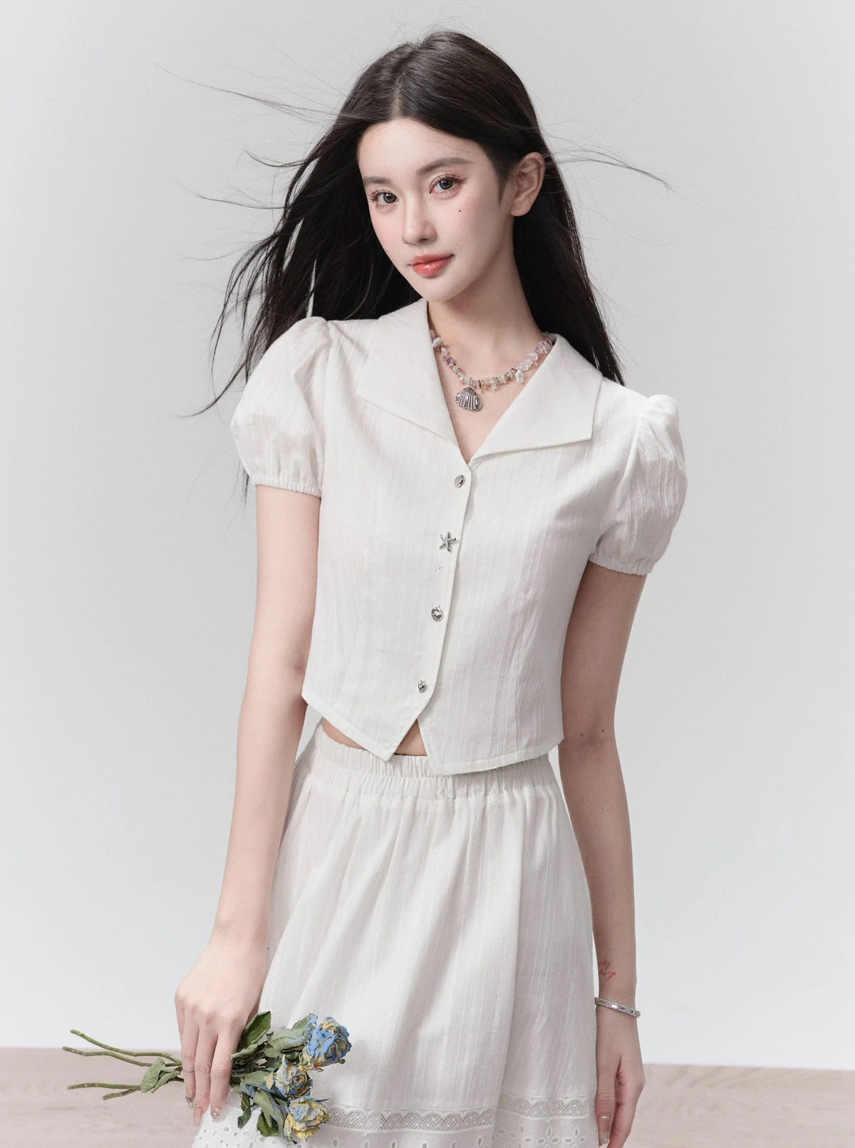 Ethereal Elegance Two-piece Set: Puff Sleeve Crop Blouse & Tiered Lace Midi Skirt - Pure White