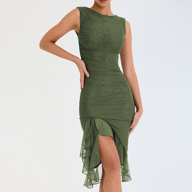 Spring Summer Round Neck Sleeveless Dress Tight Backless Pleated Midi Dress