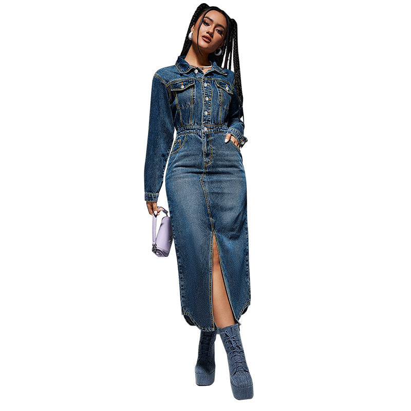 Clothing Collared Button Long Sleeve Split Denim Maxi Dress