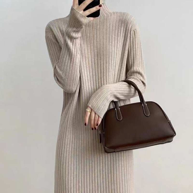 Autumn Winter Mock Neck Sweater Mid Length Below the Knee Coat Base Ride Tassel Dress Swing Knitted Dress