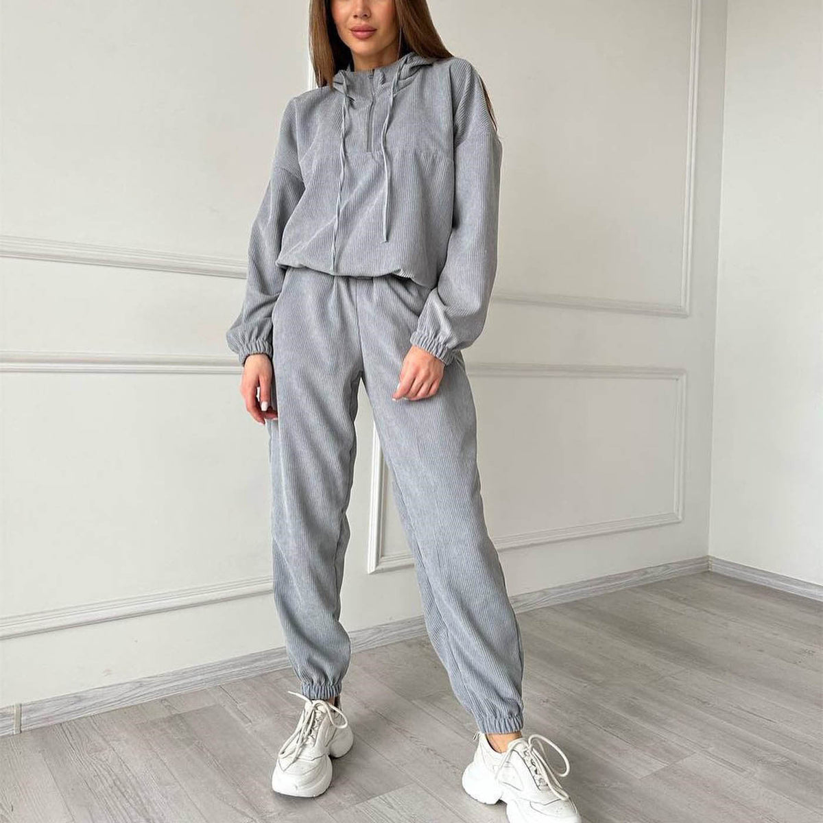 Corduroy Suit Sports Autumn Winter Zipper Hooded Sweatshirt Sweatpants Two Piece Set