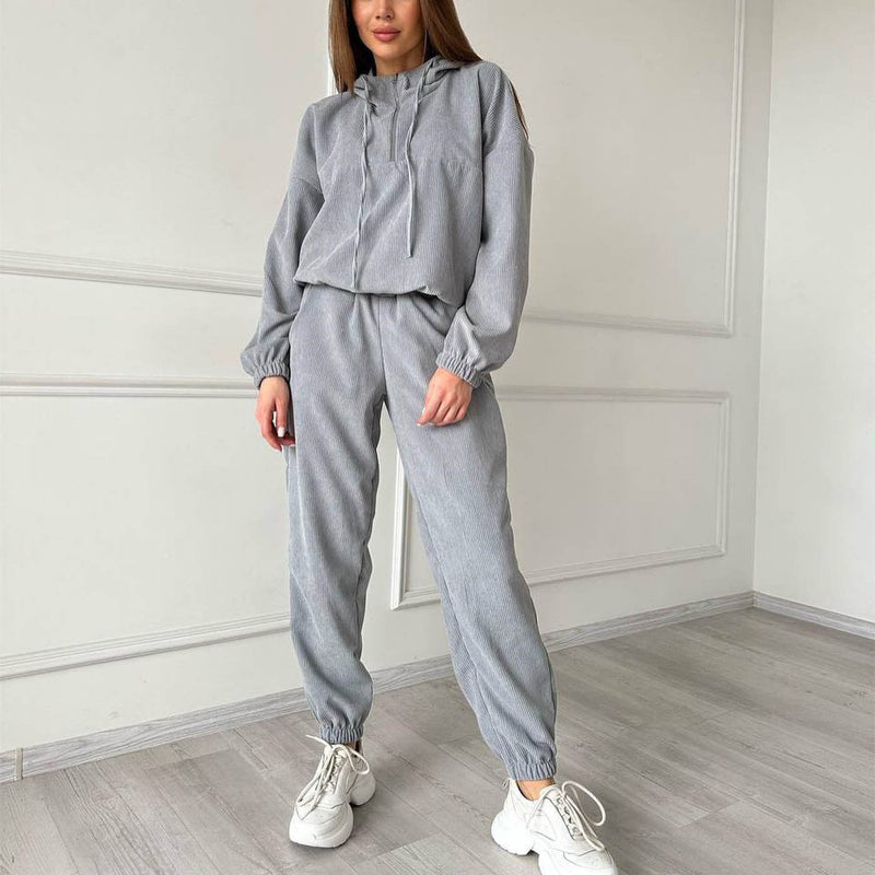 Corduroy Suit Sports Autumn Winter Zipper Hooded Sweatshirt Sweatpants Two Piece Set