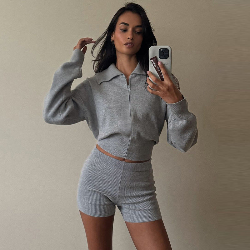 Autumn Polo Collar Long Sleeve Zipper Cardigan Sweater Ultra Short Tight Shorts Suit
