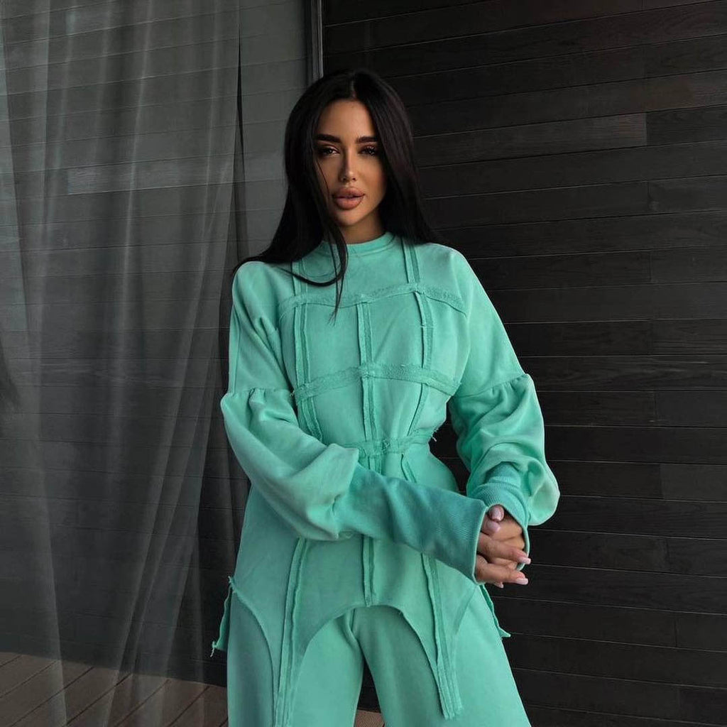 Color Hoodie Sets Round Neck Pullover Top Split Straight Pants Two Piece Sets