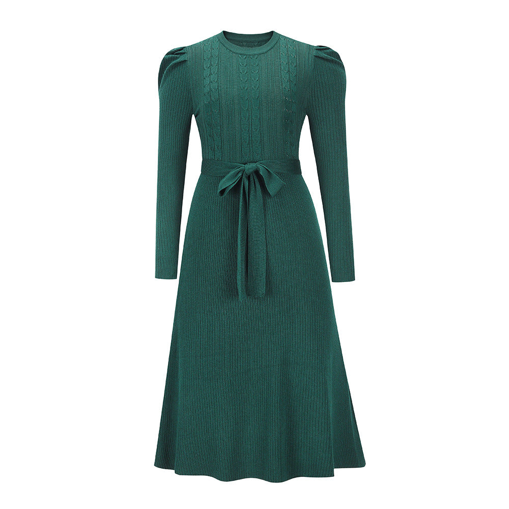 Autumn Winter Bubble Long Sleeve Knitted Dress Mid-length Slimming High Waist Big Swing Dress Base Sweater Dress
