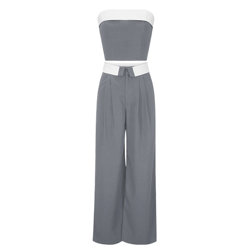 Spring Summer Contrast Color Vest Wide Leg Work Pant Two Piece Suit