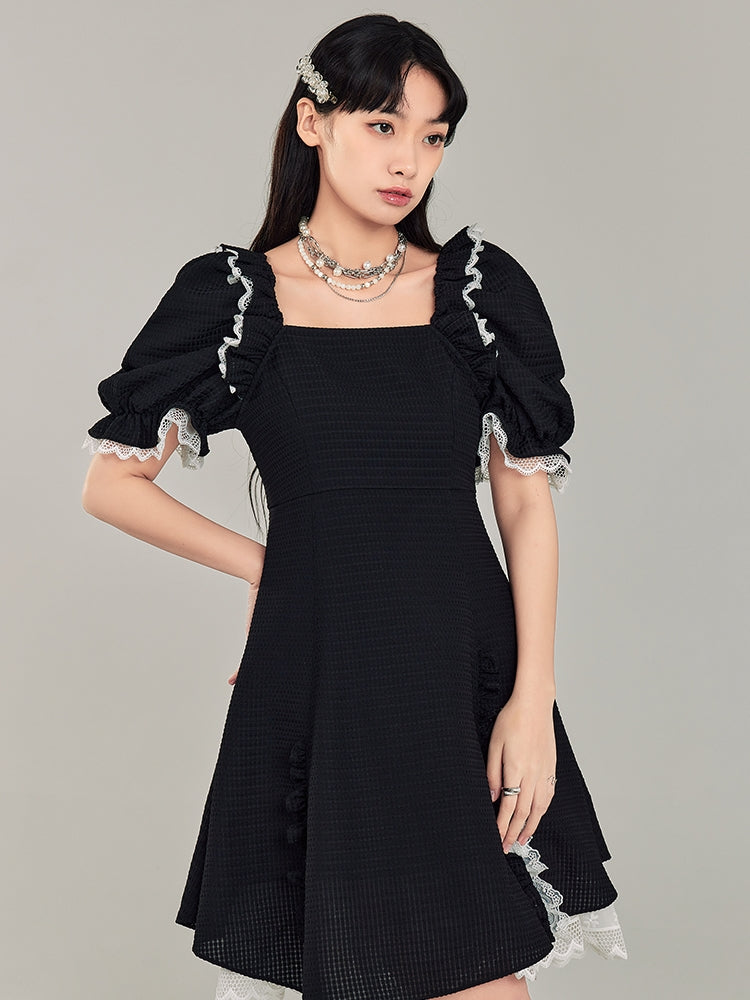 Puff Sleeve Black Square Neck Dress