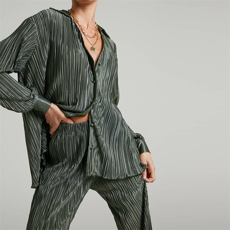 Summer Suit Clothing Pleated Long Sleeve V Neck Shirt Pants Two Piece Set