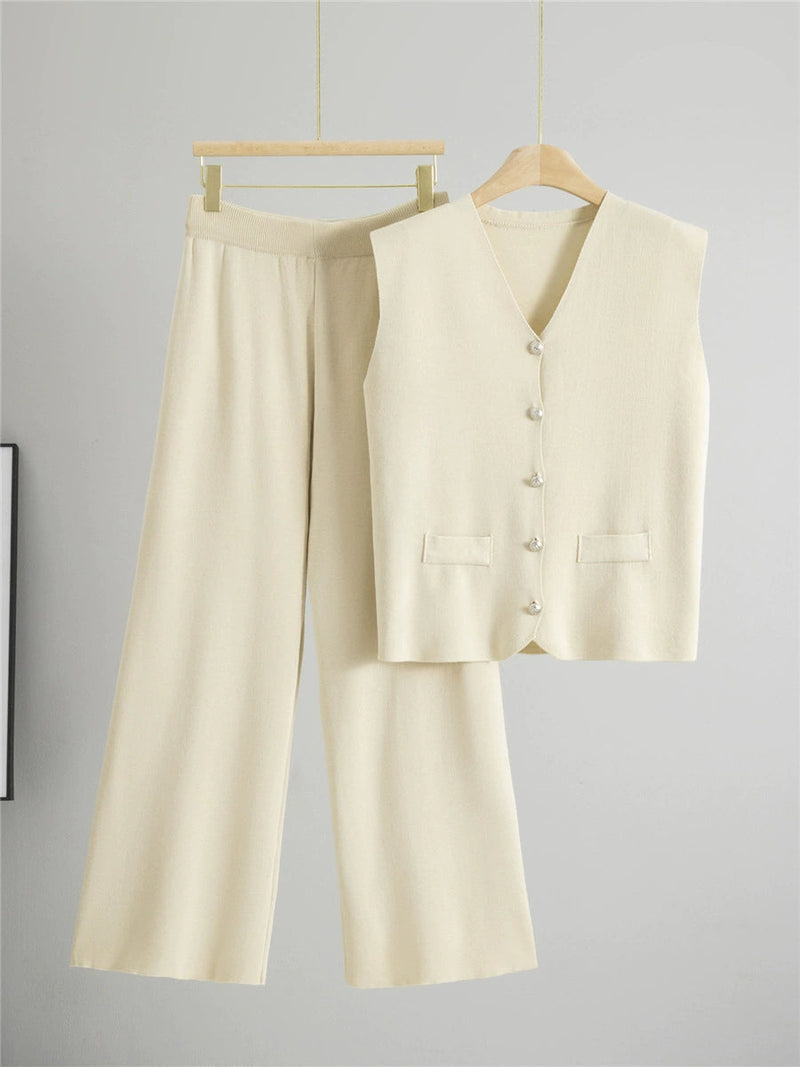 Apricot – Loose Cardigan Sleeveless Two-piece Set