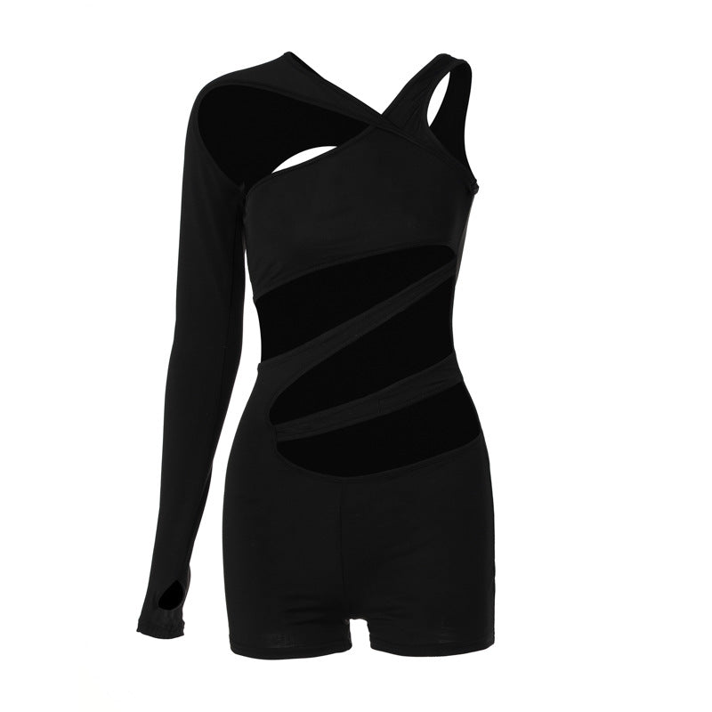 Clothing Summer Color Slim Hollow Out Cutout Shoulder Sleeve Romper