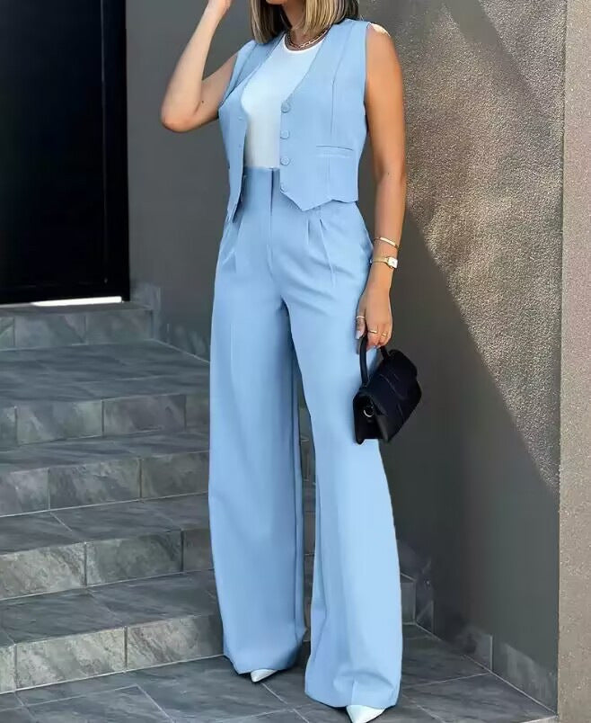 Vest Jacket Wide Leg Pants Set