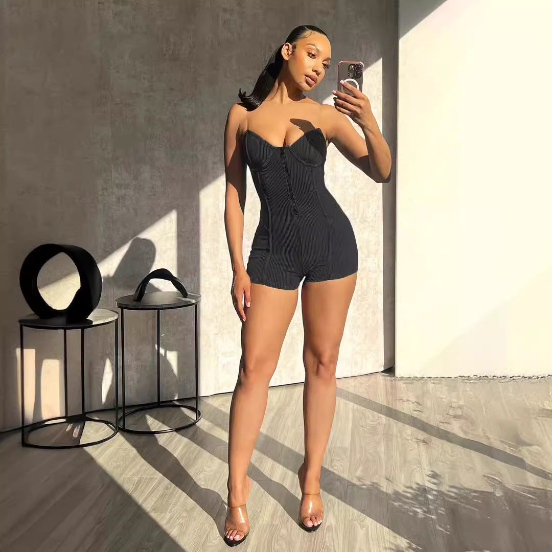 Tube Top See Through Bra Straps Distressed Rib Jumpsuit Personality Suspender Shorts