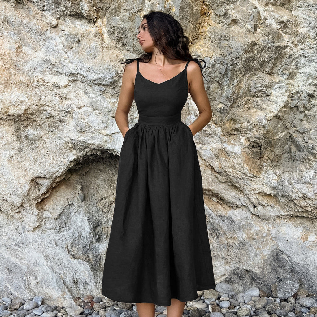 French Khaki Cotton Linen Breathable Strap High Waist Dress Spring Holiday Maxi Dress