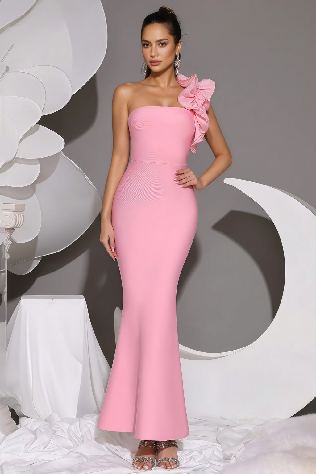 Marigold Pink One Shoulder Bandage Maxi Dress