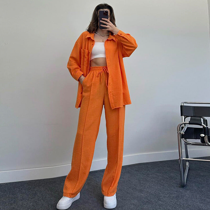 Suit Autumn Winter Long Sleeved Shirt Pleated Elastic Waist Pants Two Piece Set