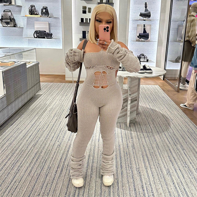 Clothing Autumn Winter Woolen Oversleeve Halter Lace Up Hollow Out Cutout Jumpsuit Pile Pants