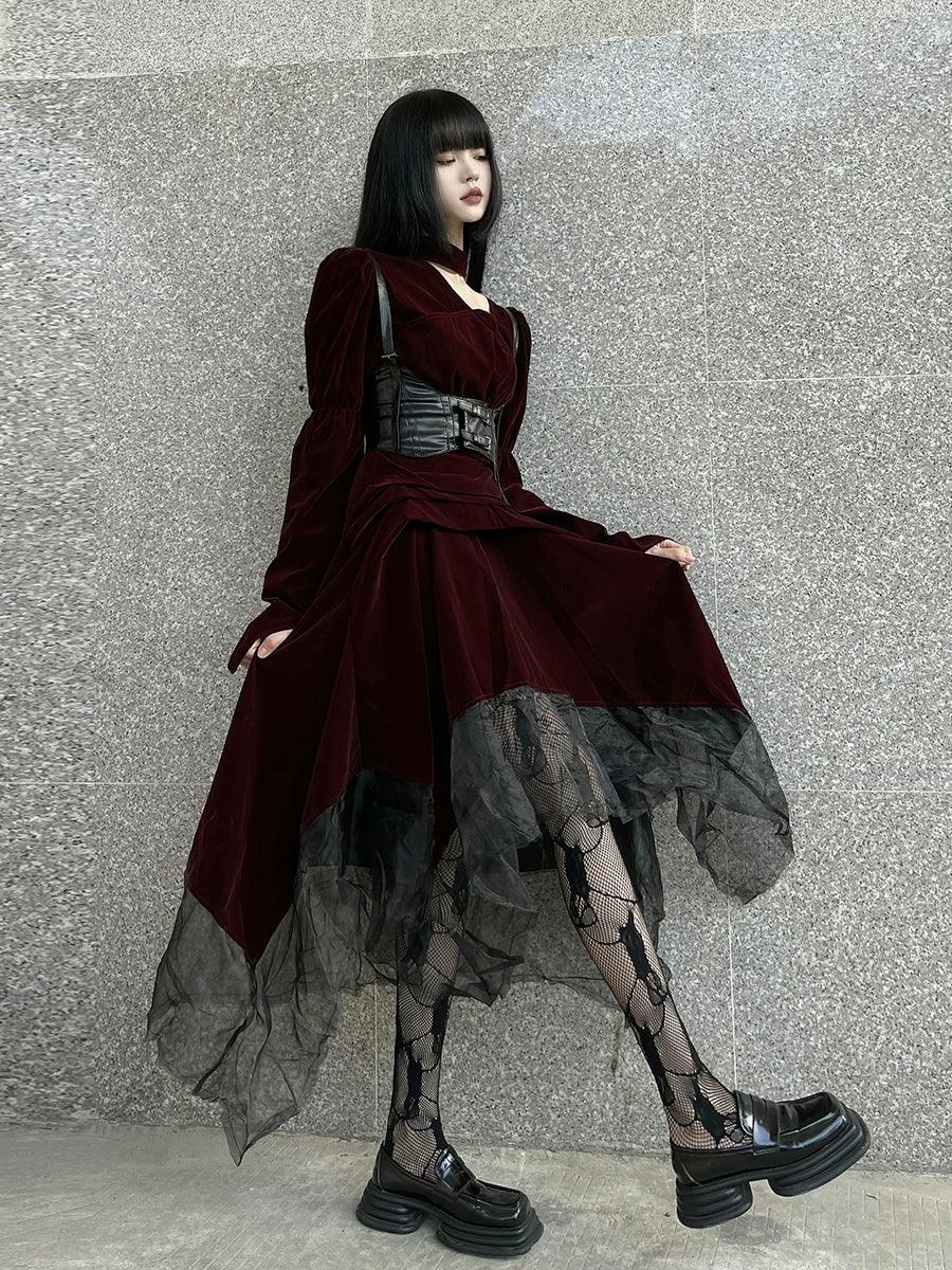 Ladyghost Gothic Victorian Maxi Dress - Burgundy Velvet and Black Mesh Layered Gown With Corset Belt