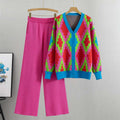 Red - Knitted Cardigan Jacket Two Piece Set